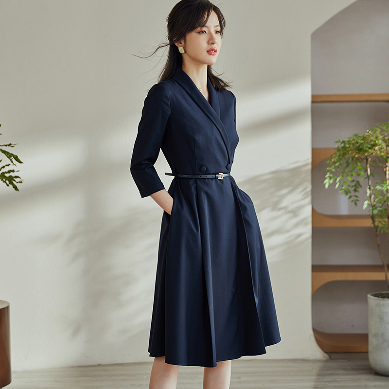 罗衣气质纯色西装连衣裙女2023夏装新款修身系带大摆中长裙04068