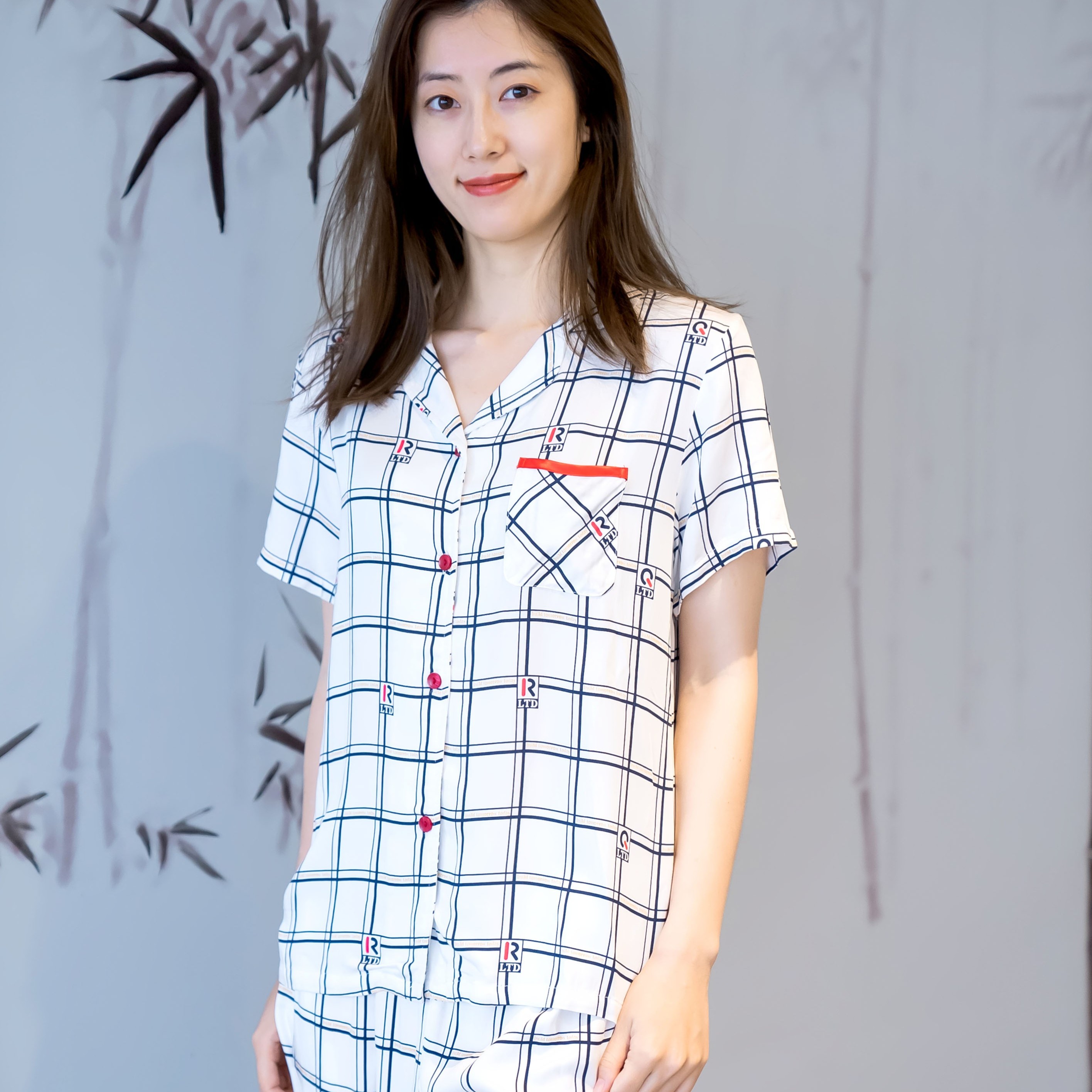 绮瑞夏季薄款短袖长裤黑白格子开衫夏季翻领女款家居服套装