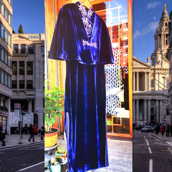 手工定制藏青色丝绒绣花两件套旗袍