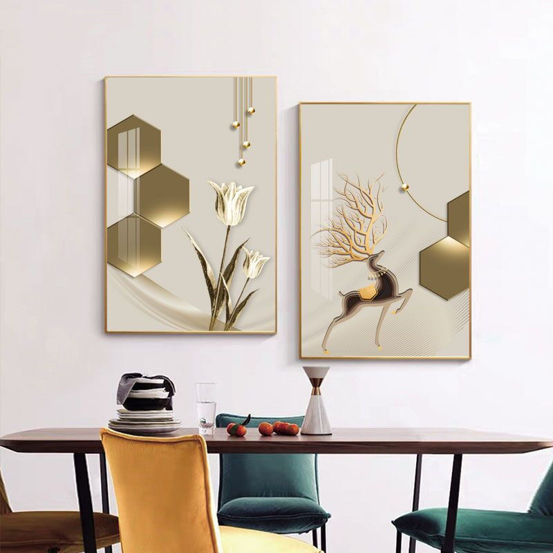 餐厅画双联现代简约福鹿系列轻奢风晶瓷晶钻画铝合金边框轻奢挂画