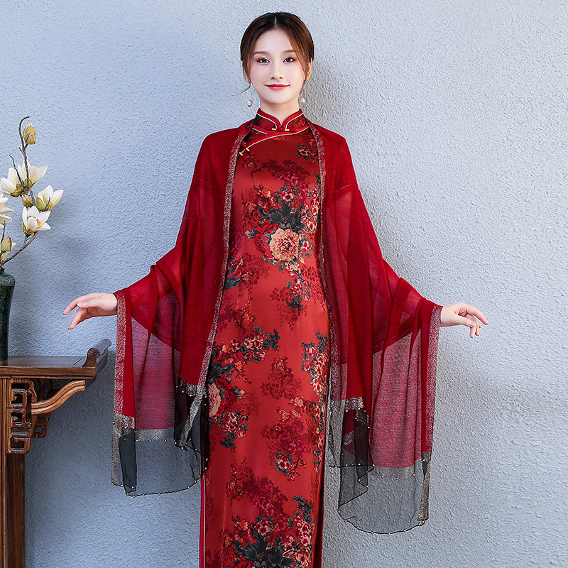 红色喜庆妈妈婚宴旗袍披肩长款围巾外披薄款外搭纱巾夏桑蚕丝丝巾