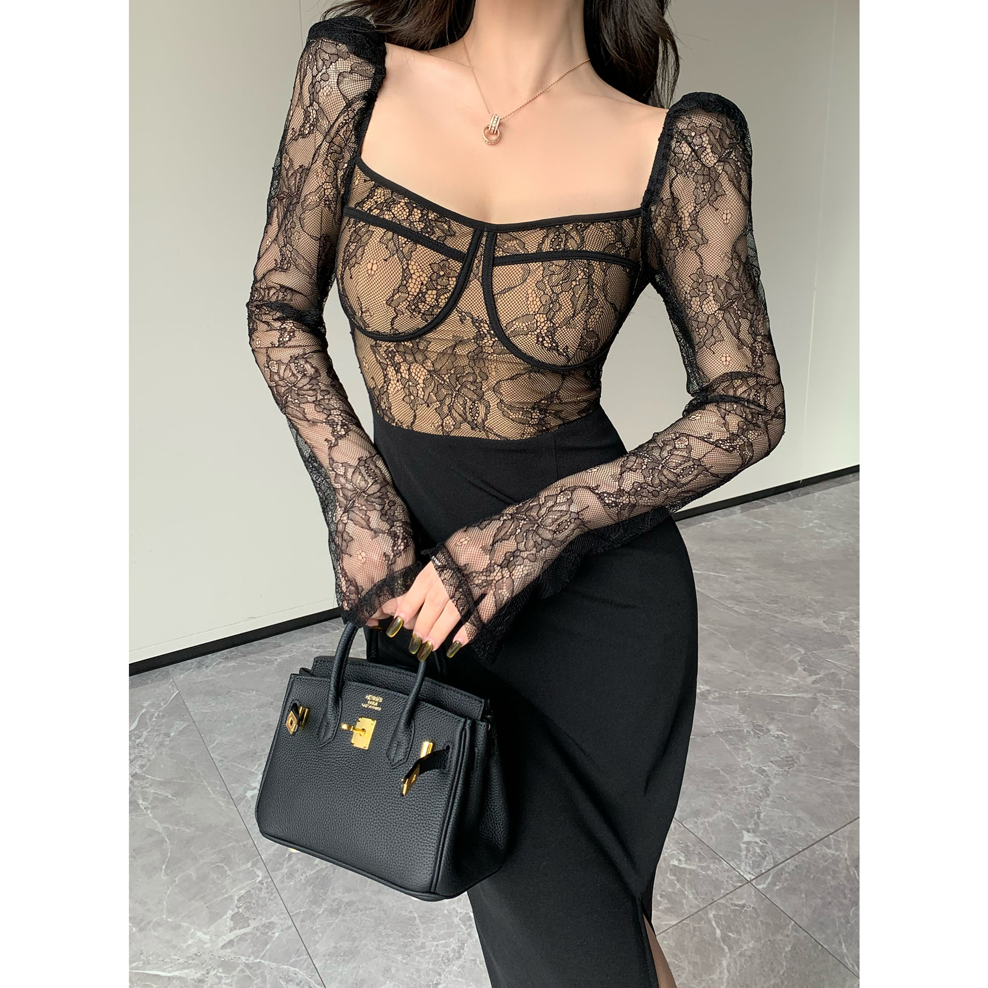 JIJINQI显瘦蕾丝气质性感连衣裙秋季拼接收腰连衣裙 JC08LZXL194