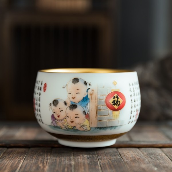 斗影茶道美学吉祥三宝羊脂玉瓷单茶杯24K鎏金礼品茗杯大号主人