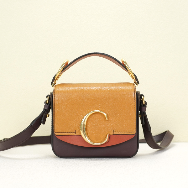 95新 Chloe/蔻依 克洛伊姜黄拼深咖色Chloe C单肩包