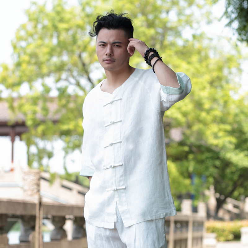 玄灵帝2213中国风夏季男士亚麻短袖手工盘扣唐装中式连肩短袖