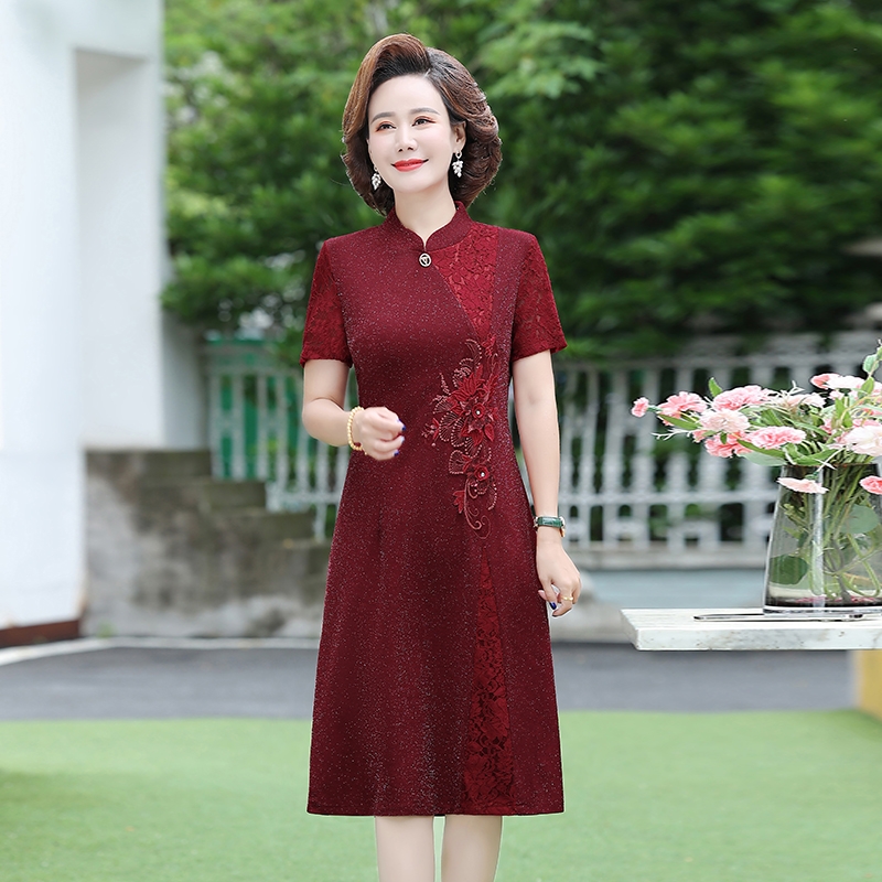 妈妈夏装洋气雪纺旗袍连衣裙高贵中年妇女长裙中老年夏季短袖裙子