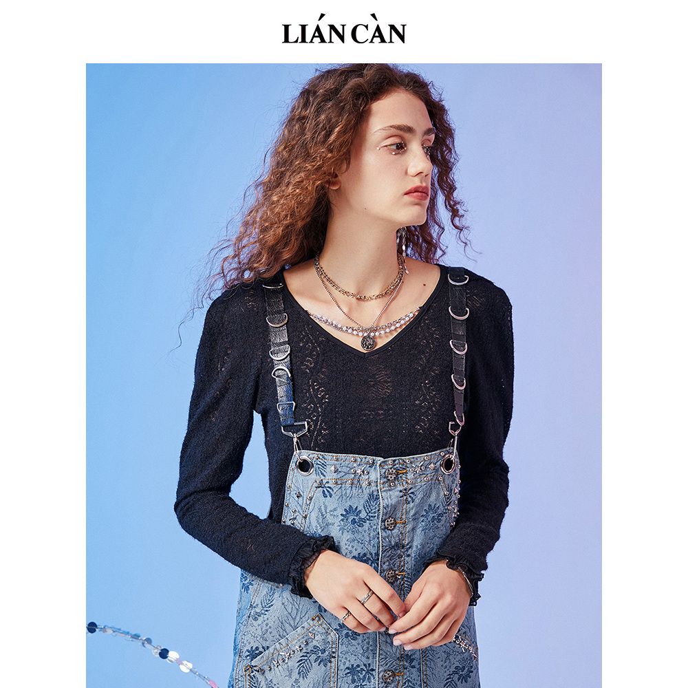 【莲灿】2025春商场同款气质V领泡泡袖珍珠长袖针织衫7121333004