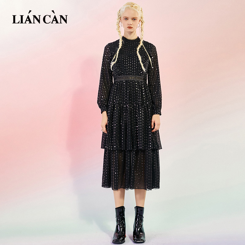 【莲灿】2025年新个性小立领绣花花边黑色雪纺长袖连衣裙7122124002