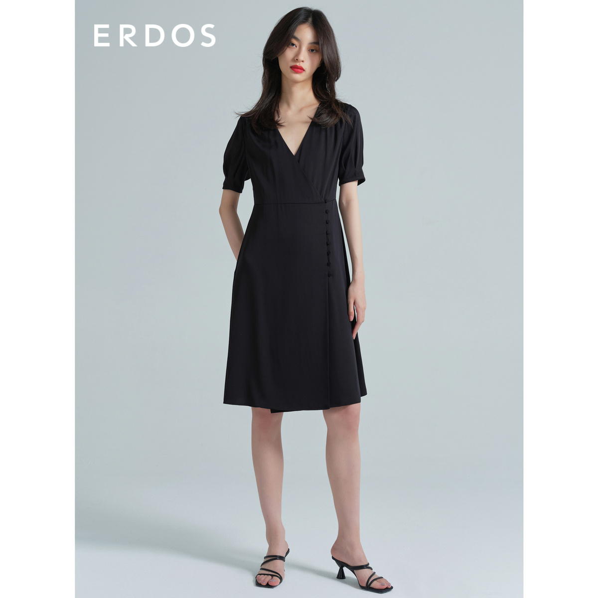 ERDOS 春夏女士复古茶歇裙V领泡泡袖连衣裙 时尚收腰长裙设计感