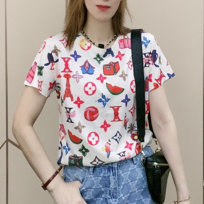 欧洲站2025夏季新款重工彩印圆领t恤女宽松时尚小衫拼色印花上衣T