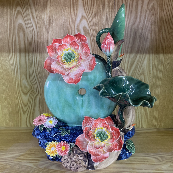 【碧玉富贵荷花】石湾陶瓷手工家居摆件 30✖️19✖️42cm