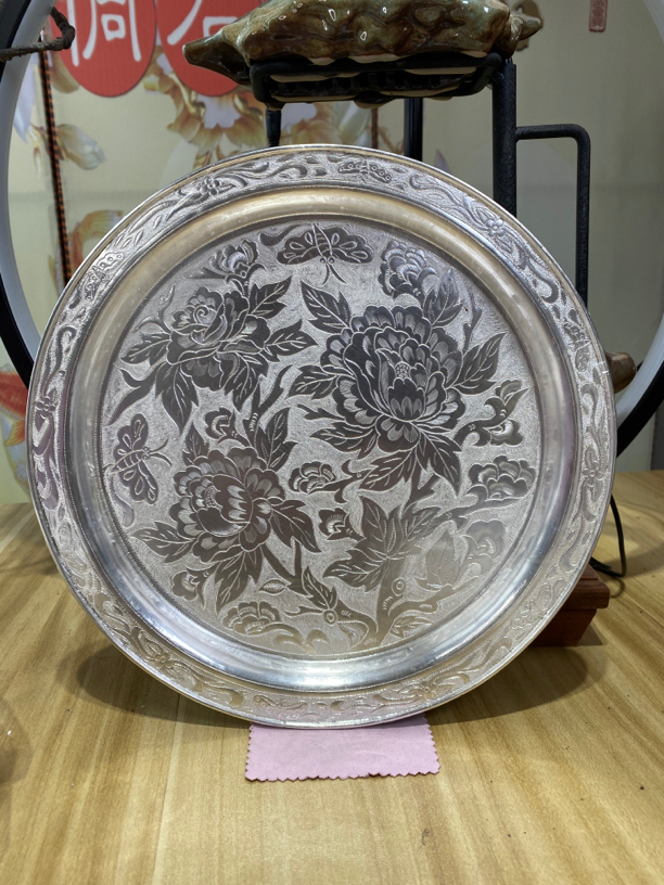 足银银制品 侗石記手工花开富贵茶盘