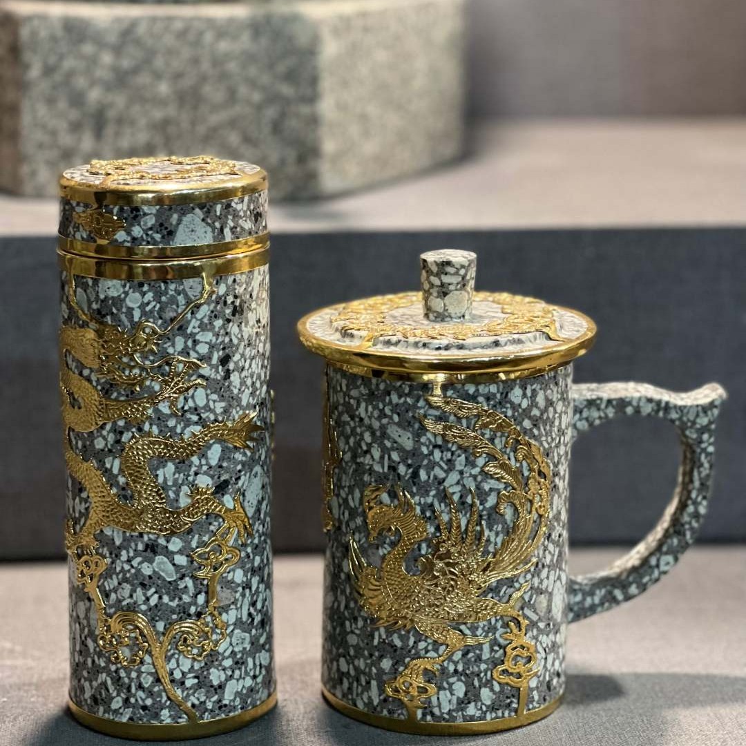 蒙阴麦饭石水杯茶杯子礼品杯高档礼品鎏金杯净化过滤水质_包邮