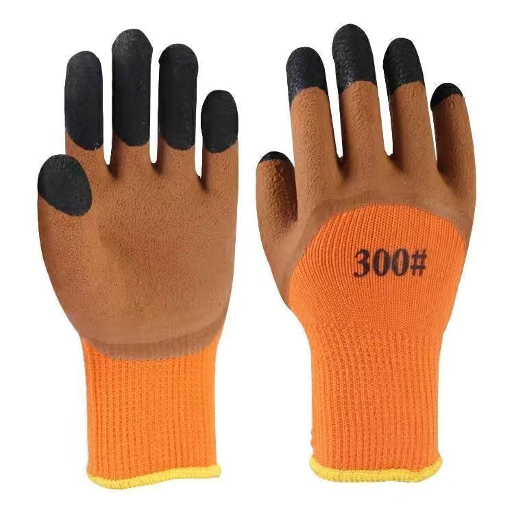 冬季加强指毛圈加绒加厚工地劳保手套防滑耐磨橡胶防护手套批保暖