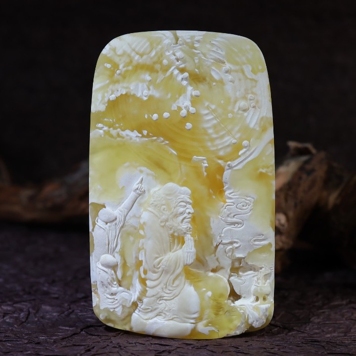 （初心）原矿蜜蜡大师手工出品达摩悟道精美雕刻金白妖孽留皮吊坠牌