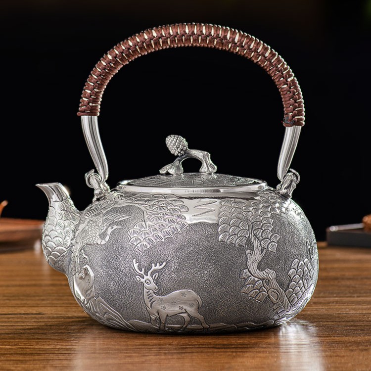 归银堂鹤鹿同春纯手工足银银茶壶煮水壶银壶烧水壶GS-HCH200816