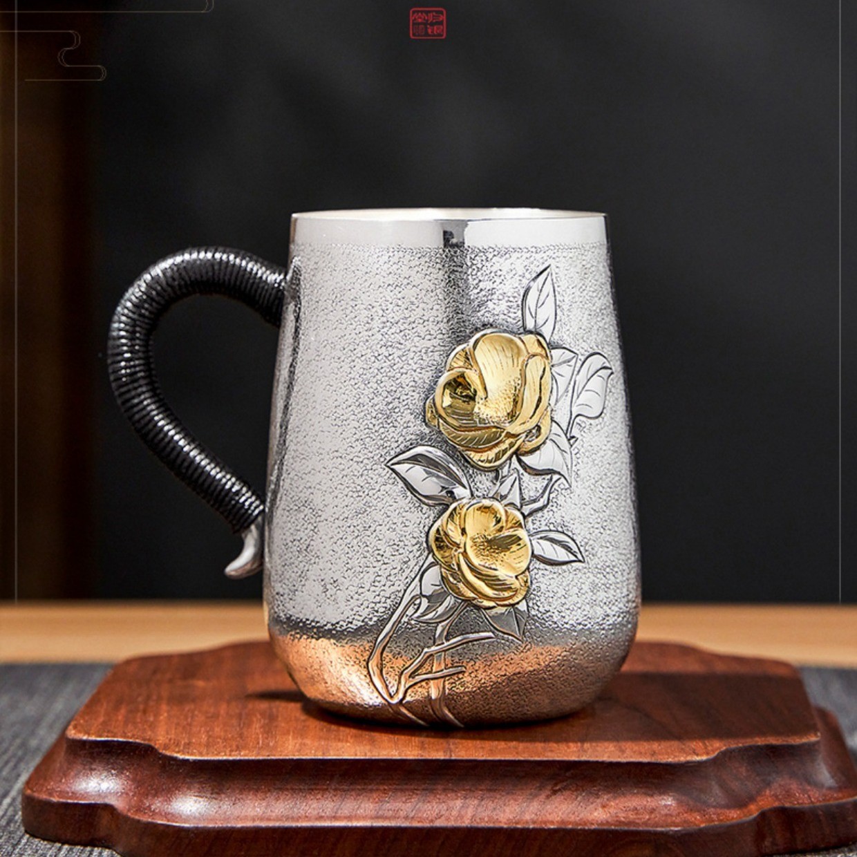 归银堂足银水杯银杯镀金山茶花银器马克杯银茶杯GS-HCGB220513