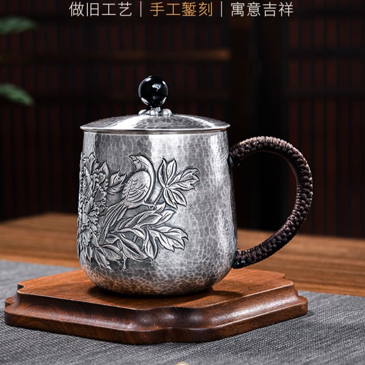足银银制品 錾刻水杯喜鹊牡丹茶缸杯加厚茶杯GS-ZCGB220502