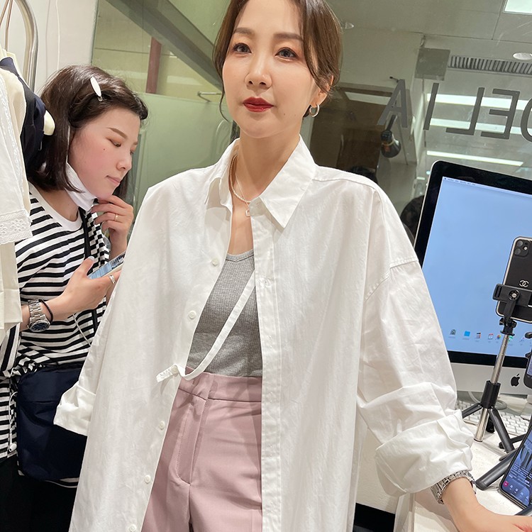 春夏季新款宽松薄款韩版百搭休闲长袖白色衬衣纯色设计感衬衫7167