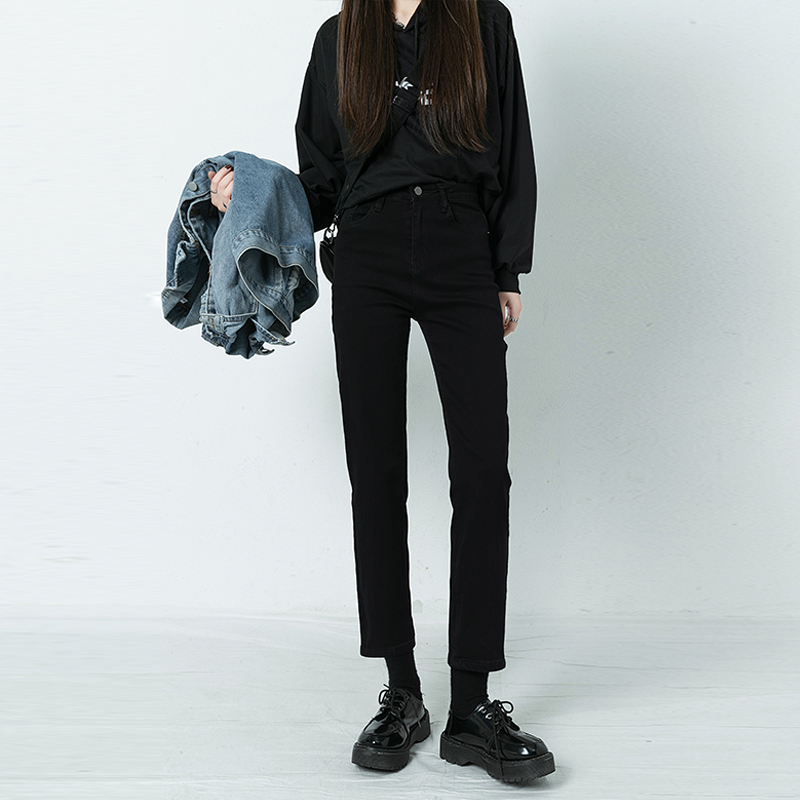 黑色直筒烟管牛仔裤女2025秋冬弹力小个子九分显瘦高百搭腰法棍裤