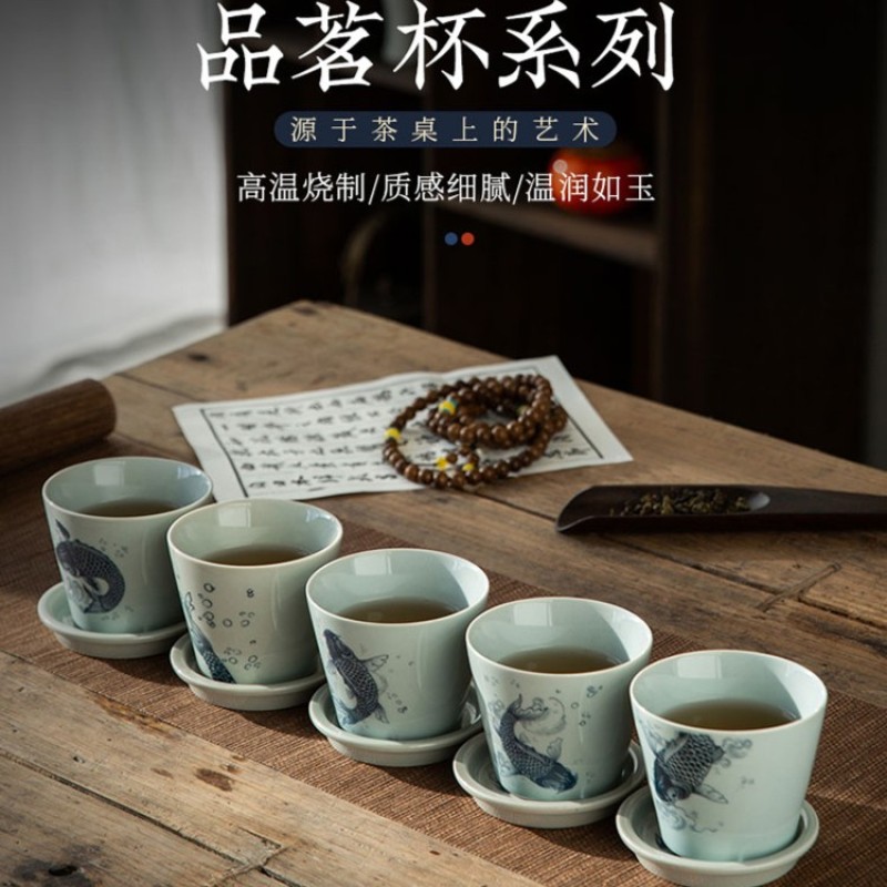 【瑞喆堂】高端友名陶瓷青花鱼跃杯主人杯带杯垫品茗杯功夫茶具
