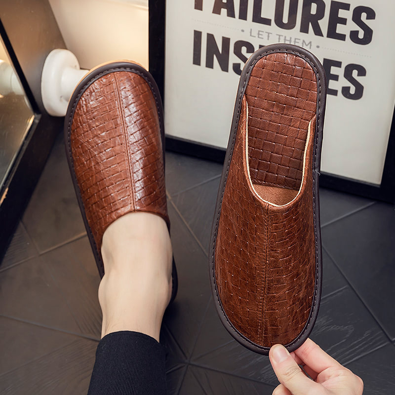 高档真皮包头拖鞋家居家用春秋季室内地板防滑软底办公室牛皮拖鞋