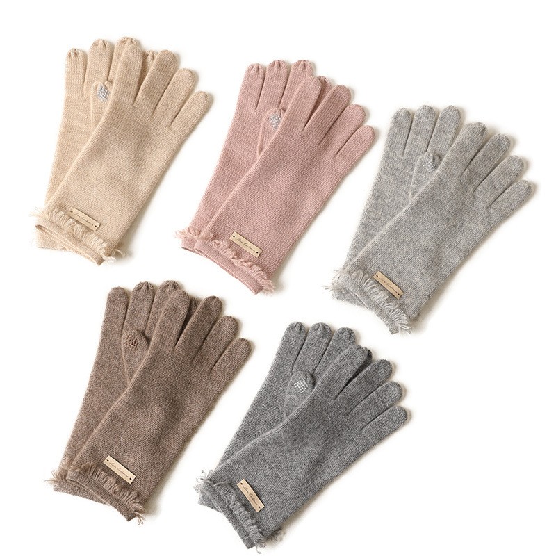 芳慈家 羊绒小流苏边触屏冬季手套 女士礼物优雅大气针织保暖冬