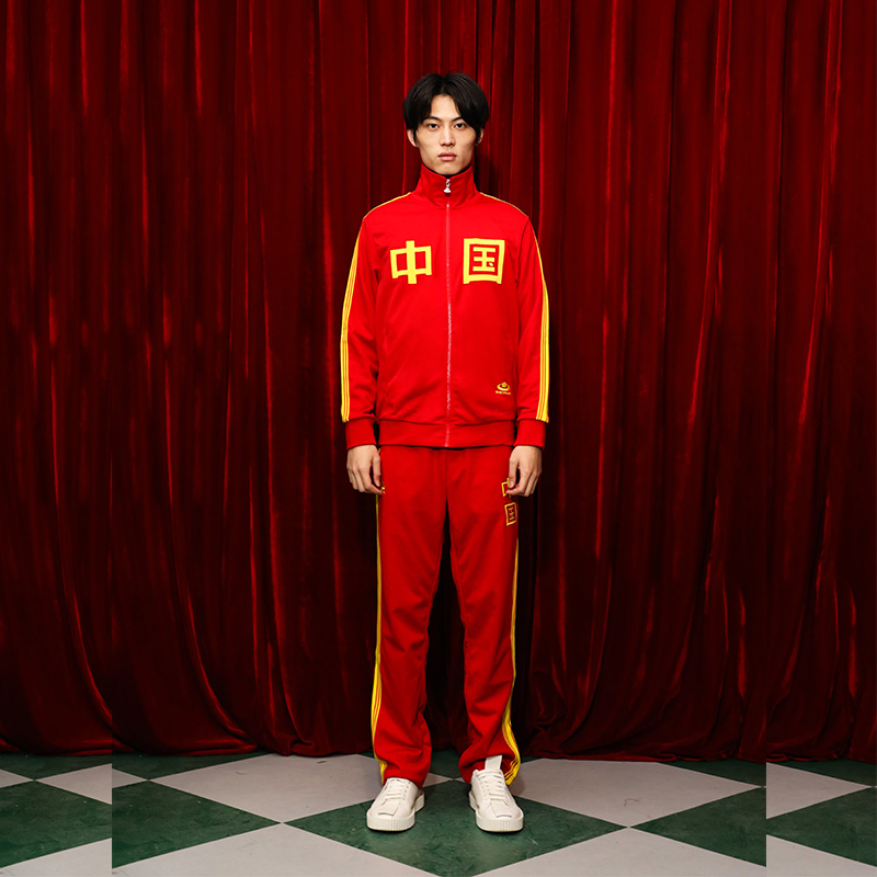 meihua刺绣经典运动套服复古国红运动服男女情侣同款