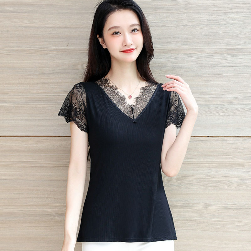 6635睫毛蕾丝V领短袖上衣夏季女内百搭修身显瘦打底蕾丝衫背心女