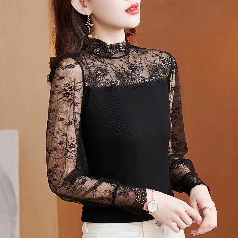 春秋新款2025洋气时尚蕾丝打底衫女内搭莫代尔长袖T恤上衣衫6680