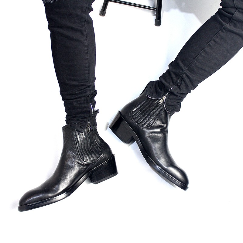 JINIWU吾倪季2025高跟切尔西靴男士手工皮松紧增高尖头高格调短靴