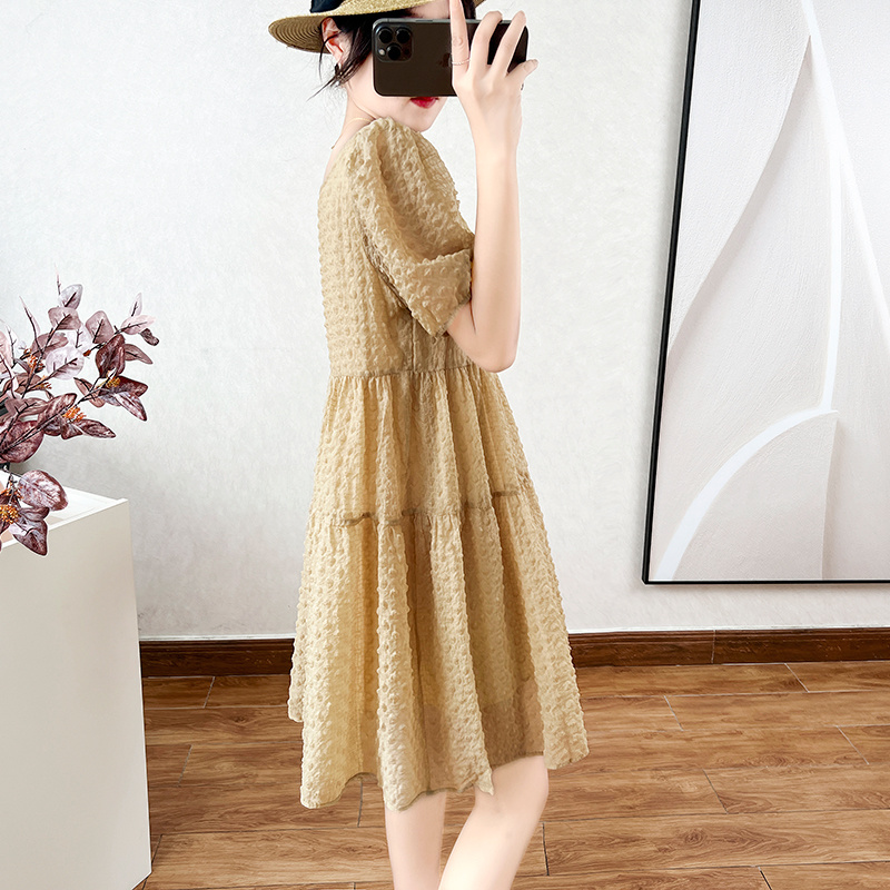 （高高家）女装夏季宽松版遮肚子泡泡袖a字娃娃裙韩版大方领连衣裙