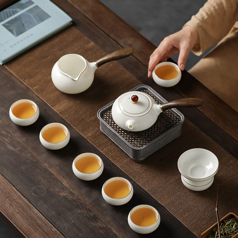 瓷先生羊脂玉瓷上釉侧把壶茶具套装描金侧把壶套装德化白瓷套装