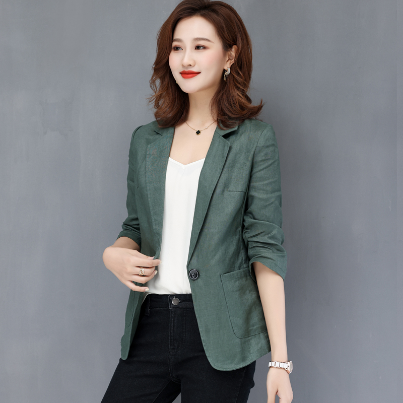 亚麻西装外套女2024年夏季新款薄款修身显瘦七分袖韩版棉麻单西服