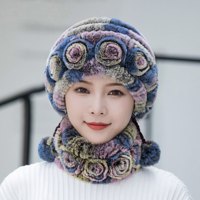 帽子女秋冬季百搭保暖獭兔毛帽子围脖时尚护耳帽妈妈皮草帽子围巾
