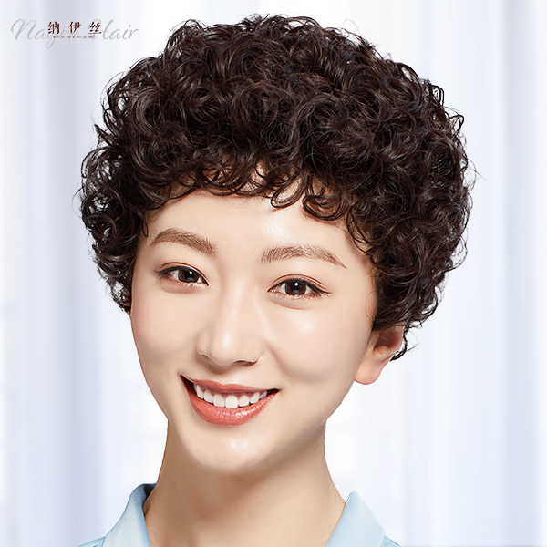 假发女短发羊毛卷发真发套中老年女士仿真人发丝妈妈时尚全头套式