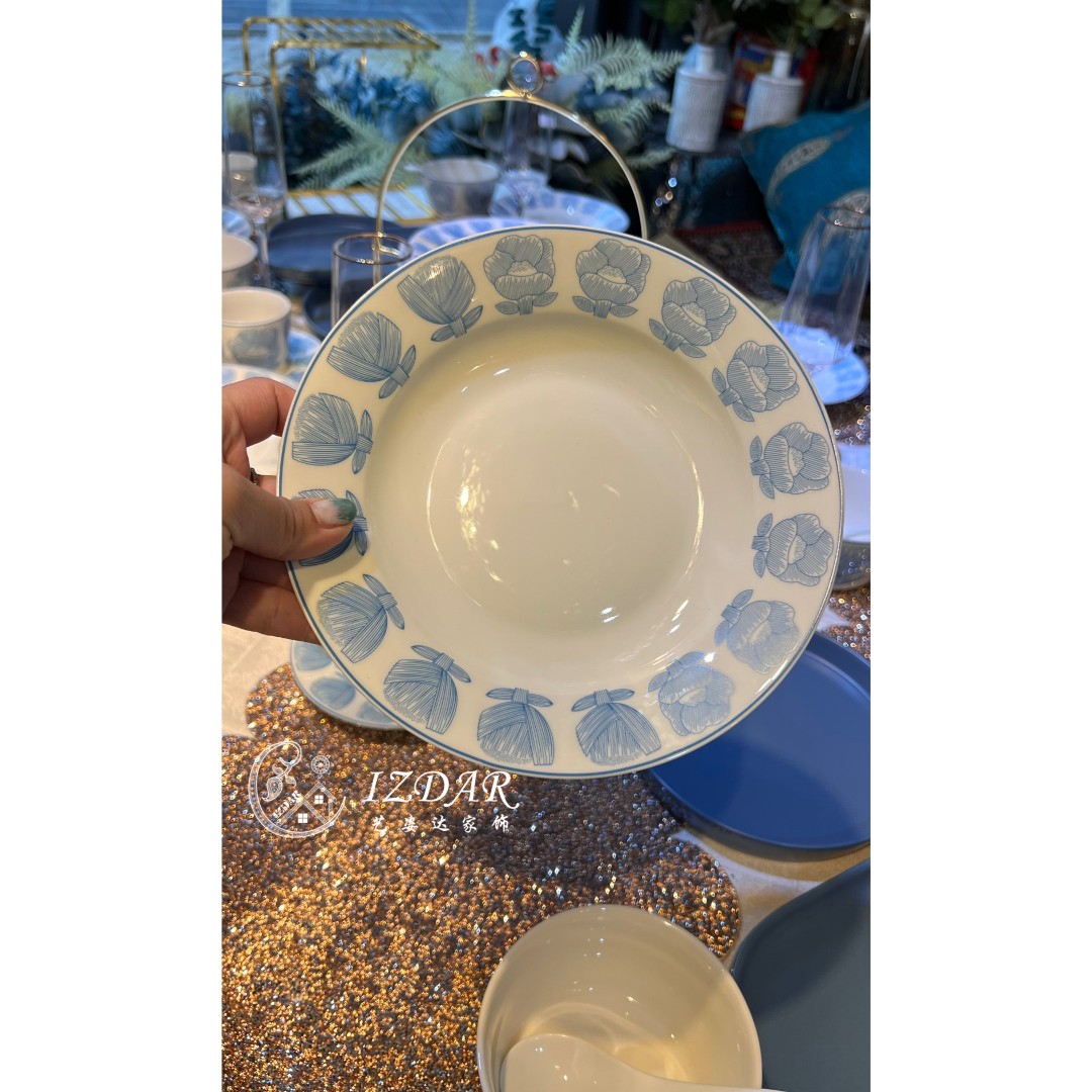 发物流莫兰迪蓝色 法式花纹 杯碟陶瓷精致英式简约釉下彩色釉椭圆