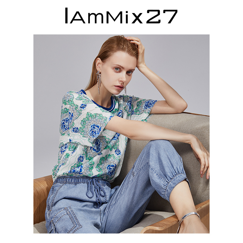 Iammix27品牌女装专供时尚短袖圆领T恤M1B8190牛仔
