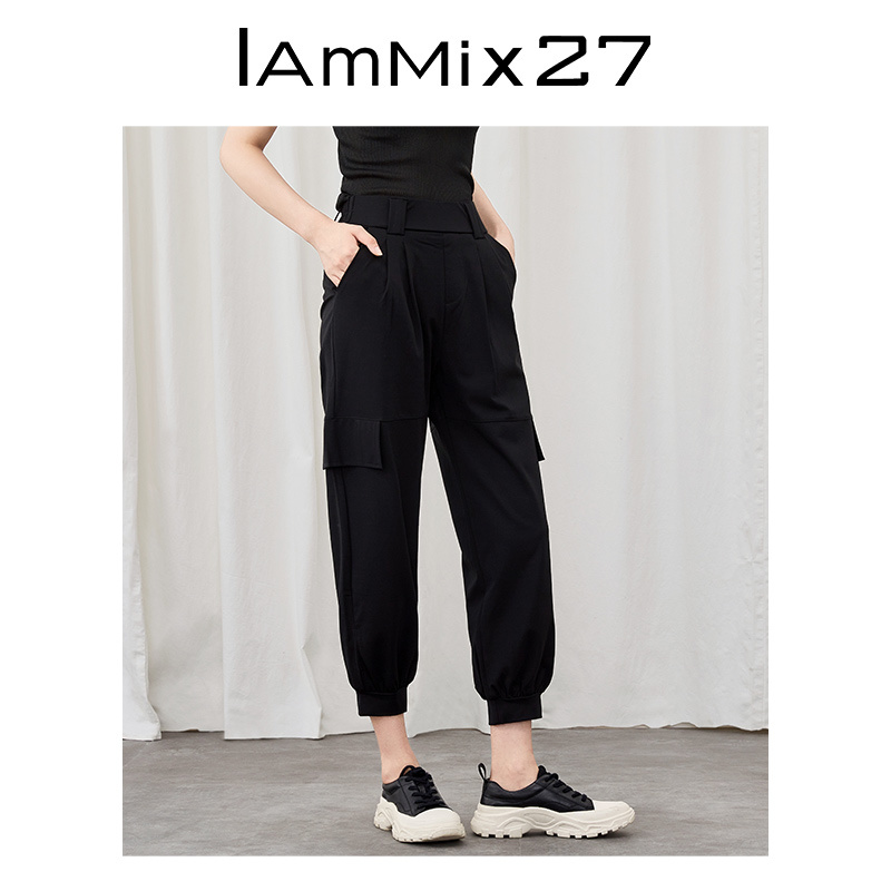 Iammix27松紧腰高腰束脚休闲裤Z1C7023