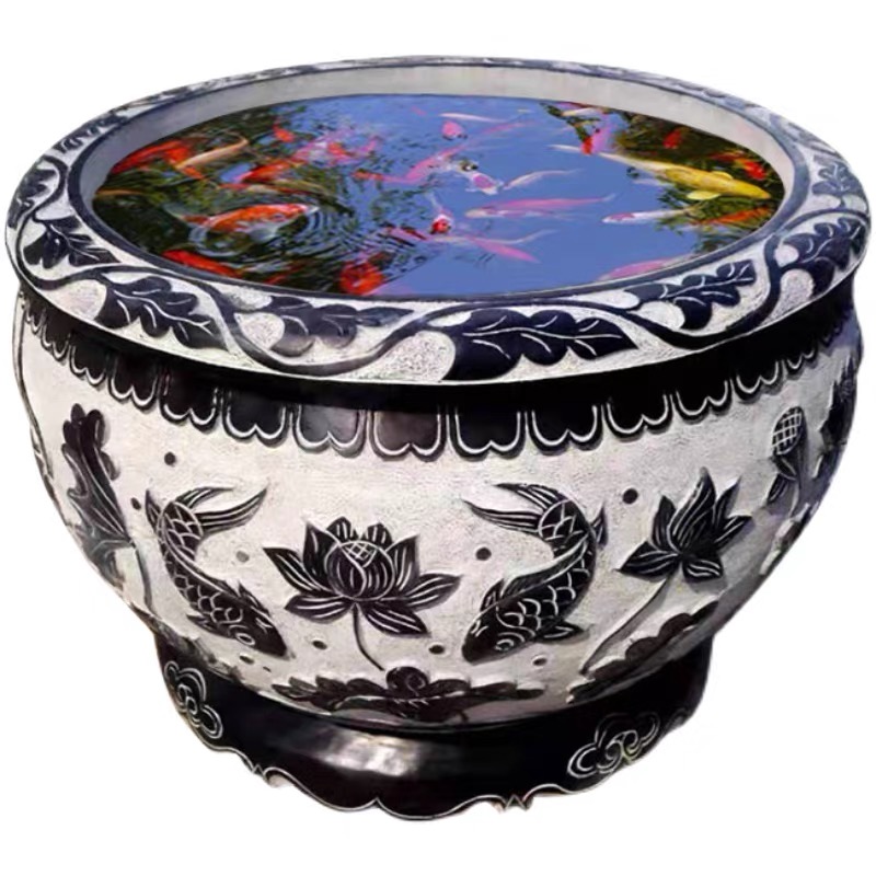 石雕荷花青石鱼缸 