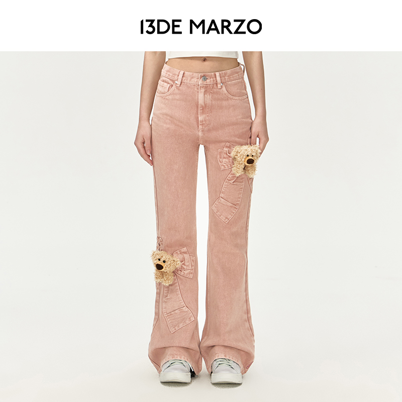 13DE MARZO女士 春夏新款时尚蝴蝶结气质牛仔裤休闲微喇长裤