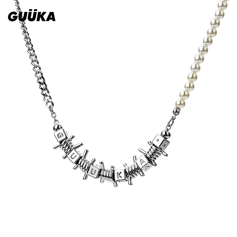 Guuka/古由卡 不锈钢仿珍珠项链 潮牌字母锁骨链设计感P8024