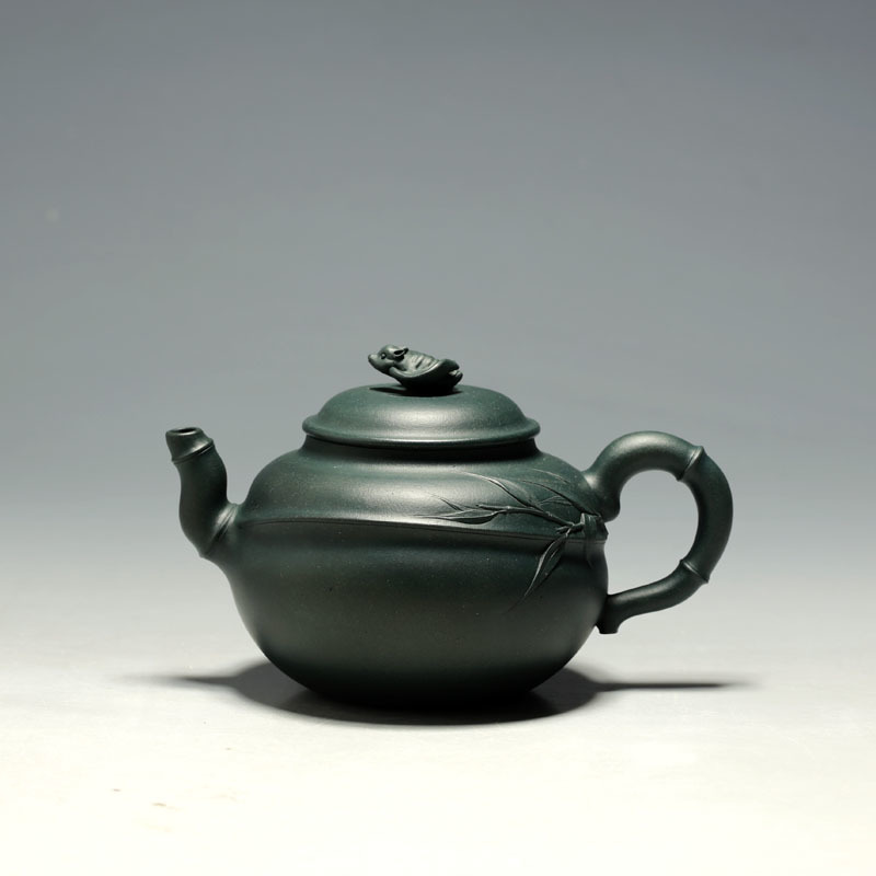 明理茶艺 宜兴紫砂壶花器茶壶 王雪锋 全手工花器200CC竹福墨绿泥