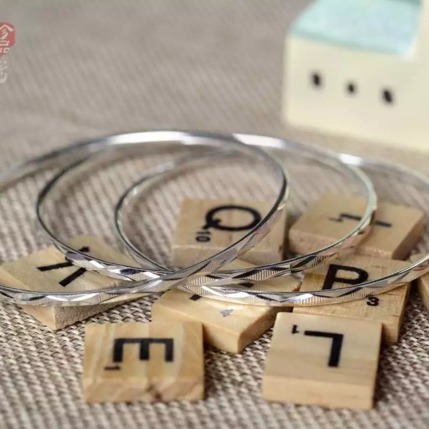 哈里银楼足银素款手镯福银拉丝款三圈菱形闭口手镯/0055