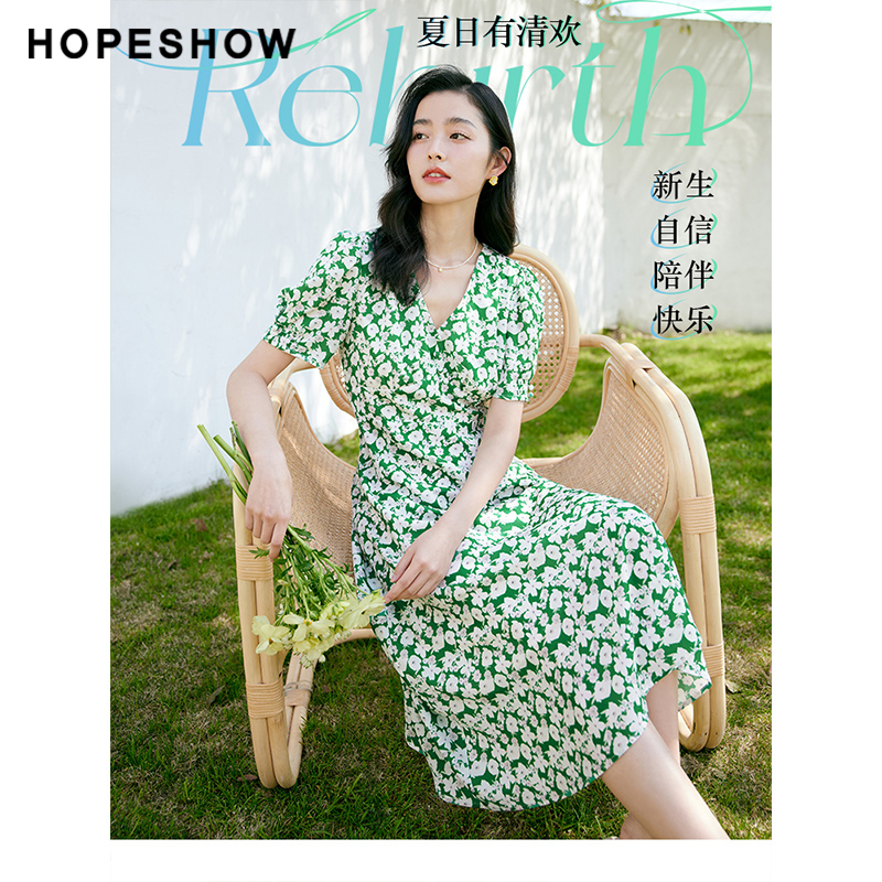 红袖新款女装 打揽泡泡袖V领收腰印花连衣裙90122161611碎花绿色