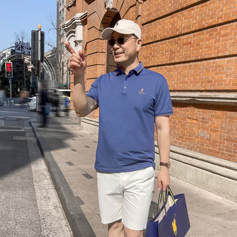 夏季男士宽松透气中年爸爸短袖纯色商务POLO衫中老年翻领冰丝t恤
