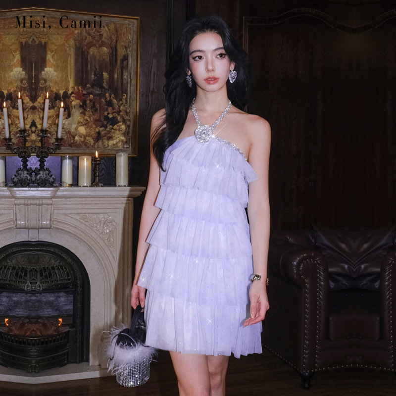 Misi,Camii新款玫瑰挂脖蛋糕裙短礼服裙高级感轻奢女装时尚连衣裙