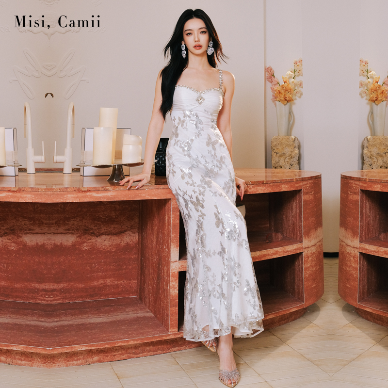 Misi,Camii秋冬新款女装珠片蝴蝶吊带鱼尾礼服名媛长款时尚连衣裙