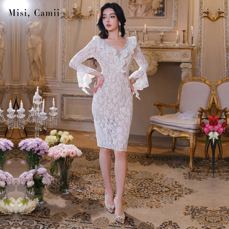 Misi,Camii2025早春新款女装荷叶边蕾丝修身连衣裙名媛风高贵显瘦