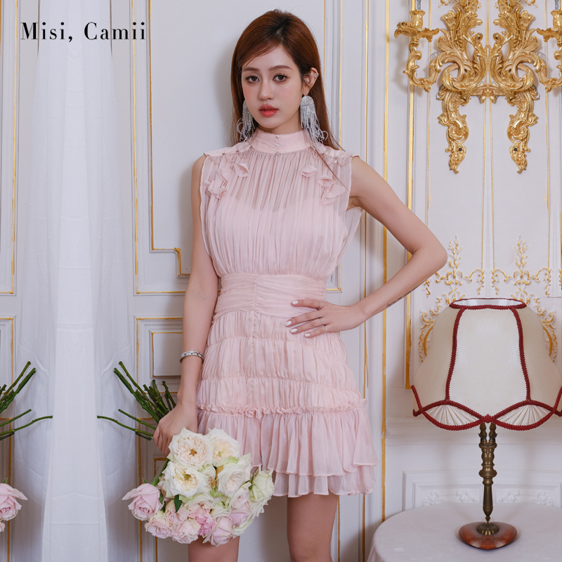 Misi,Camii2025春夏新款女装花朵珠饰褶皱连衣裙仙气显瘦轻奢时尚